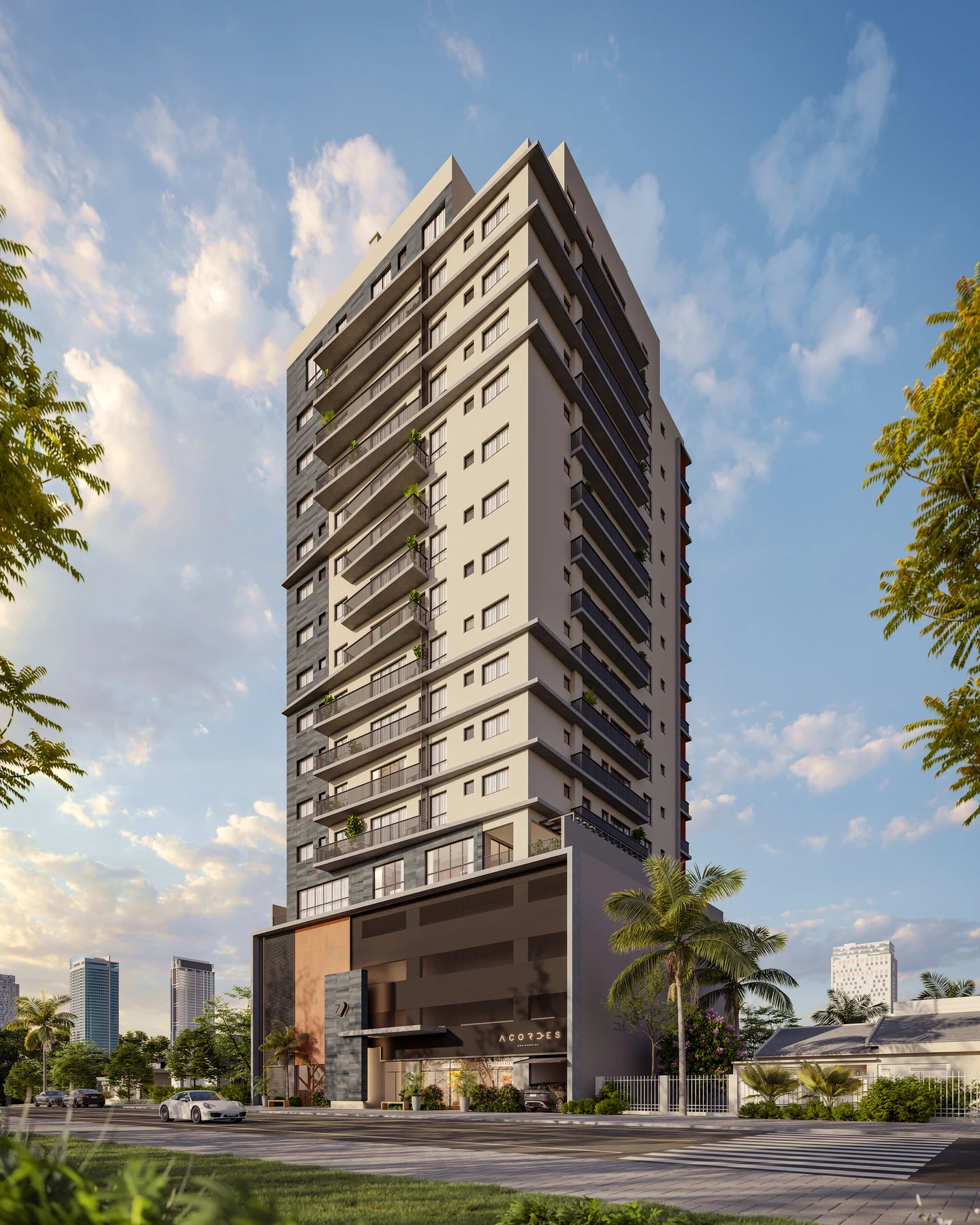 Perspectiva do Acordes Residencial, com varandas horizontais e volumes em tons claros e grafite