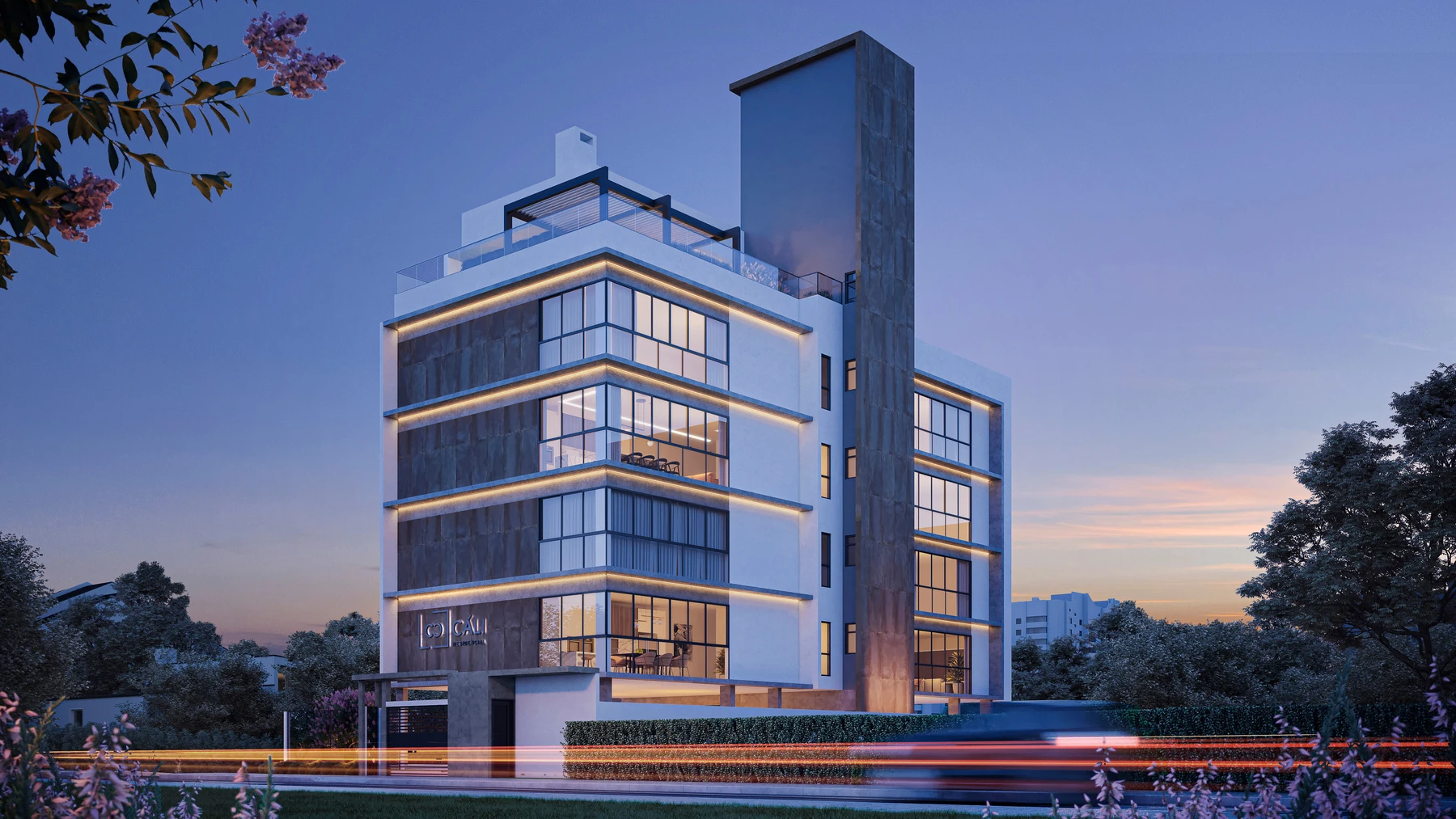 Perspectiva do Cáli Residencial, com fachada de esquina e varandas envidraçadas