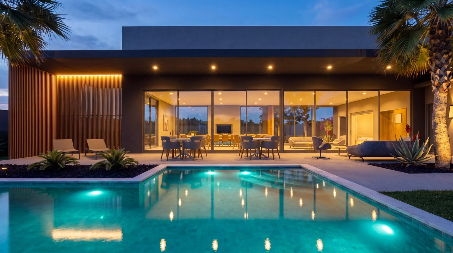Estudo de casa no JARDÍ ao entardecer, com estar e jantar voltados à varanda, piscina e jardim por amplas aberturas envidraçadas