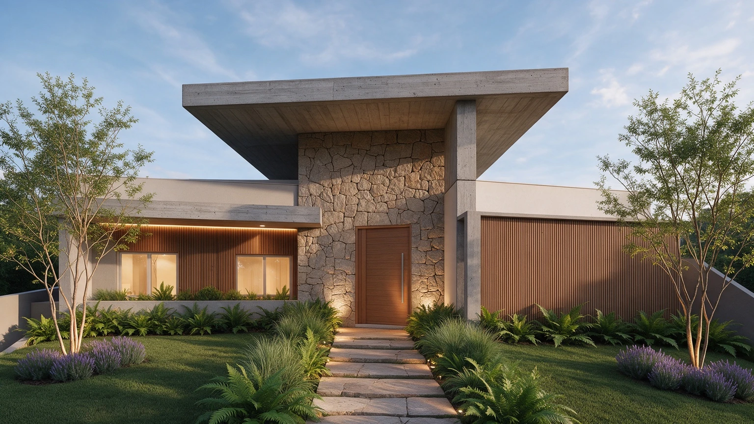 Fachada da Casa no JARDÍ com cobertura de concreto, pedra de textura irregular, painéis amadeirados e caminho de entrada entre jardins