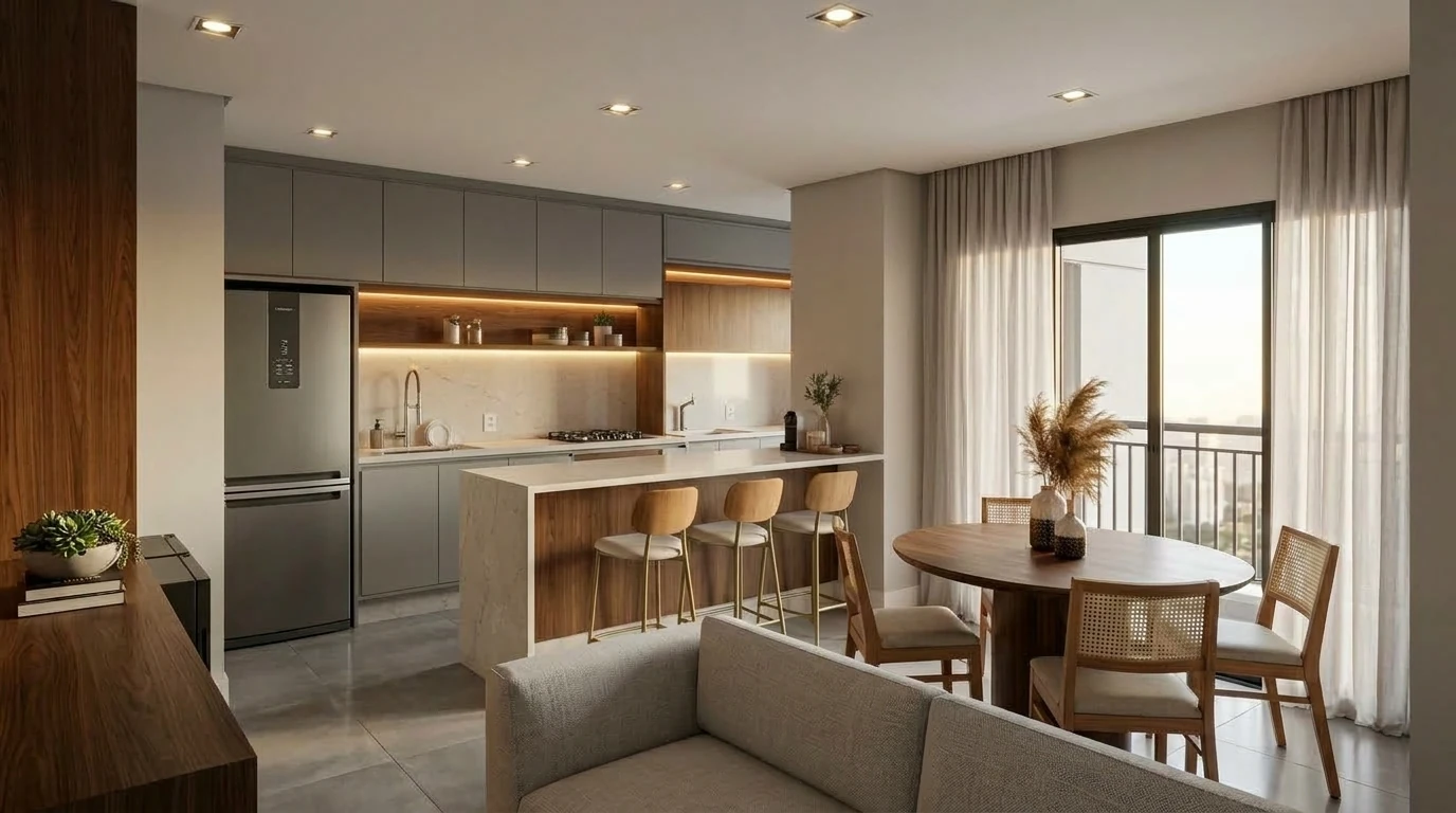 Vista integrada de apartamento compacto com cozinha cinza, bancada com banquetas, mesa redonda e sofá em tons neutros