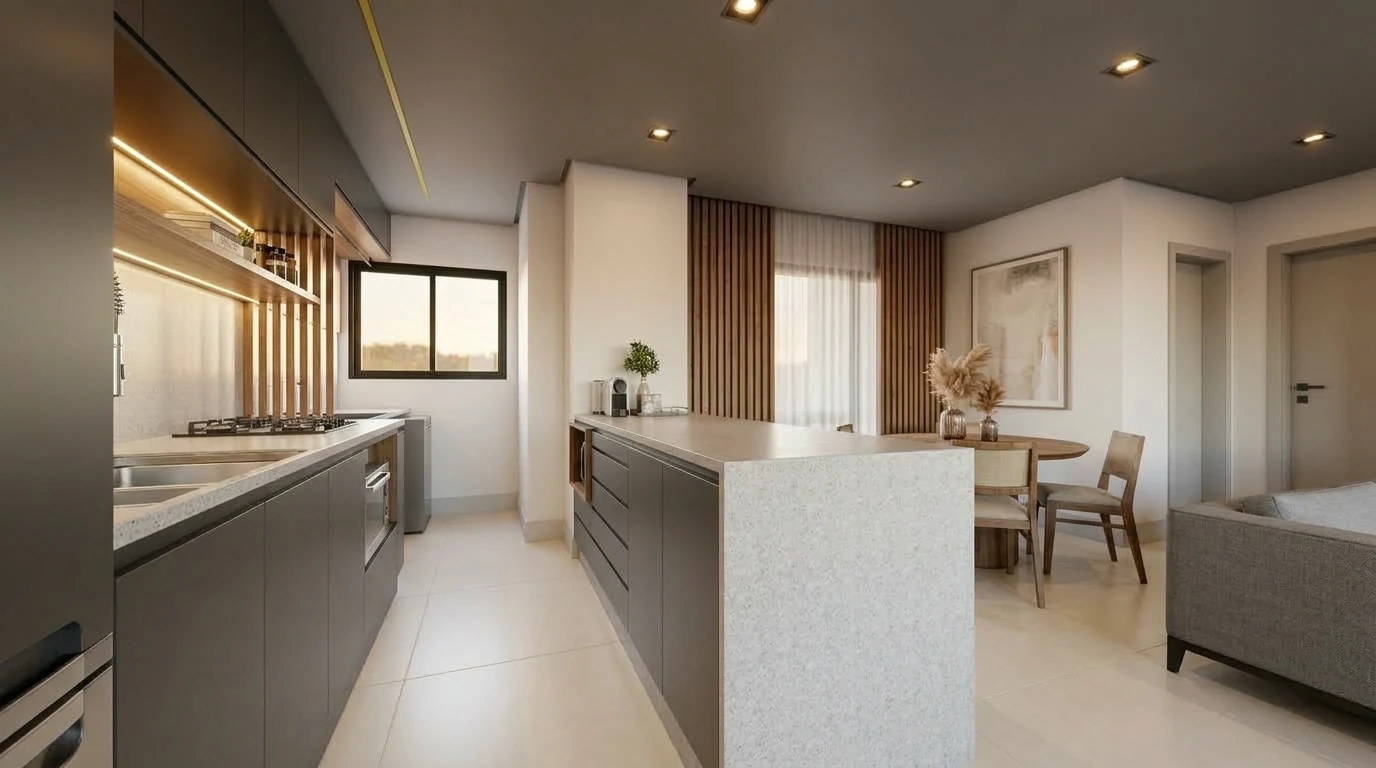 Cozinha com armários cinza, bancada central clara com gavetas e conexão visual com o jantar e o estar