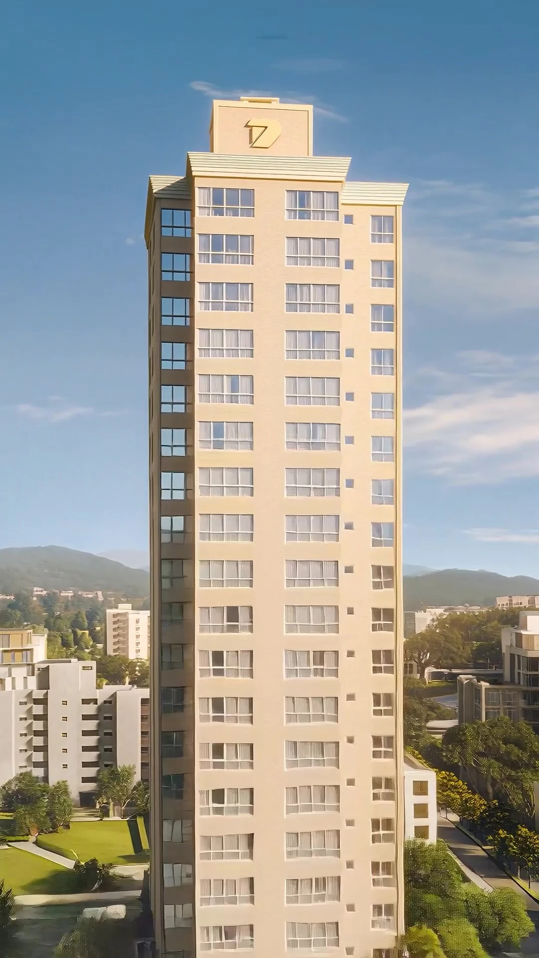 Perspectiva da torre Della Torre — Villaggio, com fachada clara, coroamento marcado e aberturas regulares